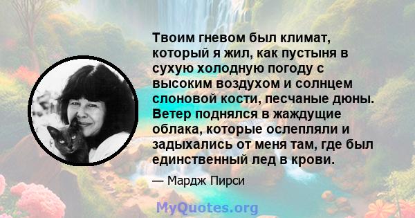 Твоим гневом был климат, который я жил, как пустыня в сухую холодную погоду с высоким воздухом и солнцем слоновой кости, песчаные дюны. Ветер поднялся в жаждущие облака, которые ослепляли и задыхались от меня там, где