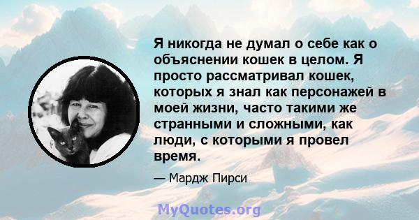 Я никогда не думал о себе как о объяснении кошек в целом. Я просто рассматривал кошек, которых я знал как персонажей в моей жизни, часто такими же странными и сложными, как люди, с которыми я провел время.