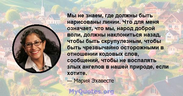 Мы не знаем, где должны быть нарисованы линии. Что для меня означает, что мы, народ доброй воли, должны наклониться назад, чтобы быть скрупулезным, чтобы быть чрезвычайно осторожными в отношении кодовых слов, сообщений, 