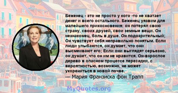 Беженец - это не просто у кого -то не хватает денег и всего остального. Беженец уязвим для малейшего прикосновения: он потерял свою страну, своих друзей, свои земные вещи. Он незнакомец, боль в душе. Он подозрительный;