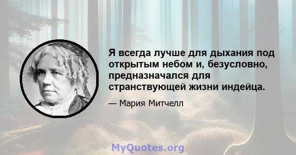 Я всегда лучше для дыхания под открытым небом и, безусловно, предназначался для странствующей жизни индейца.