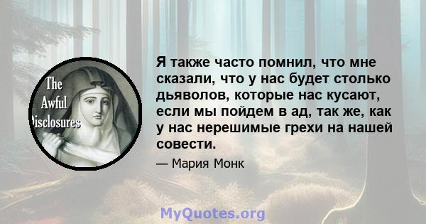 Я также часто помнил, что мне сказали, что у нас будет столько дьяволов, которые нас кусают, если мы пойдем в ад, так же, как у нас нерешимые грехи на нашей совести.