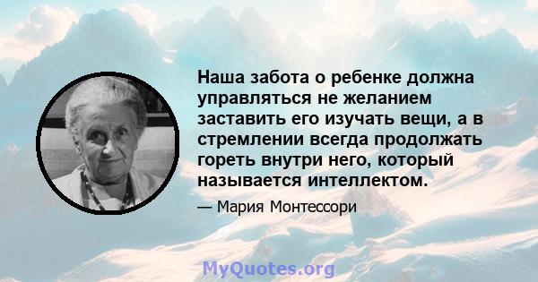 Наша забота о ребенке должна управляться не желанием заставить его изучать вещи, а в стремлении всегда продолжать гореть внутри него, который называется интеллектом.