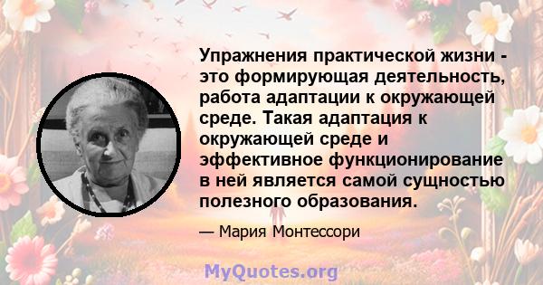 Упражнения практической жизни - это формирующая деятельность, работа адаптации к окружающей среде. Такая адаптация к окружающей среде и эффективное функционирование в ней является самой сущностью полезного образования.