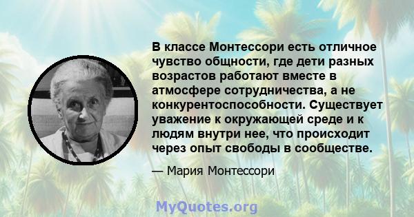 В классе Монтессори есть отличное чувство общности, где дети разных возрастов работают вместе в атмосфере сотрудничества, а не конкурентоспособности. Существует уважение к окружающей среде и к людям внутри нее, что