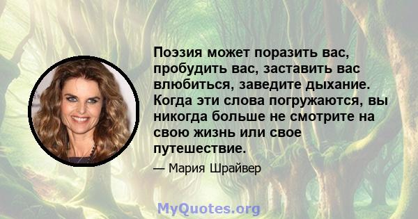 Поэзия может поразить вас, пробудить вас, заставить вас влюбиться, заведите дыхание. Когда эти слова погружаются, вы никогда больше не смотрите на свою жизнь или свое путешествие.