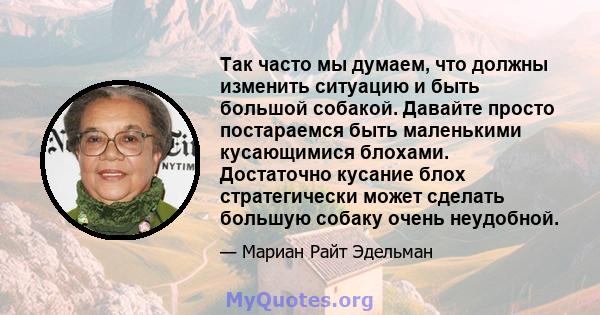 Так часто мы думаем, что должны изменить ситуацию и быть большой собакой. Давайте просто постараемся быть маленькими кусающимися блохами. Достаточно кусание блох стратегически может сделать большую собаку очень