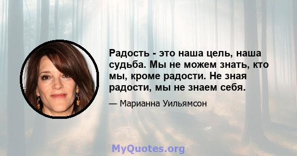 Радость - это наша цель, наша судьба. Мы не можем знать, кто мы, кроме радости. Не зная радости, мы не знаем себя.