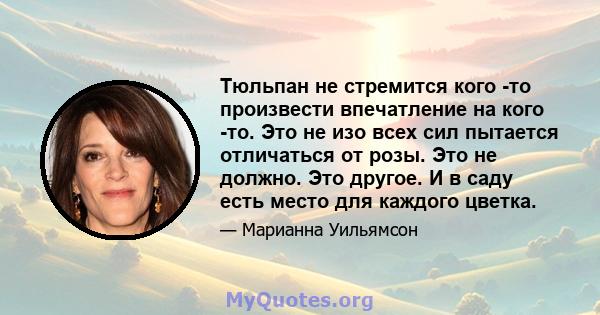 Тюльпан не стремится кого -то произвести впечатление на кого -то. Это не изо всех сил пытается отличаться от розы. Это не должно. Это другое. И в саду есть место для каждого цветка.