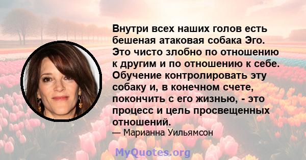 Внутри всех наших голов есть бешеная атаковая собака Эго. Это чисто злобно по отношению к другим и по отношению к себе. Обучение контролировать эту собаку и, в конечном счете, покончить с его жизнью, - это процесс и