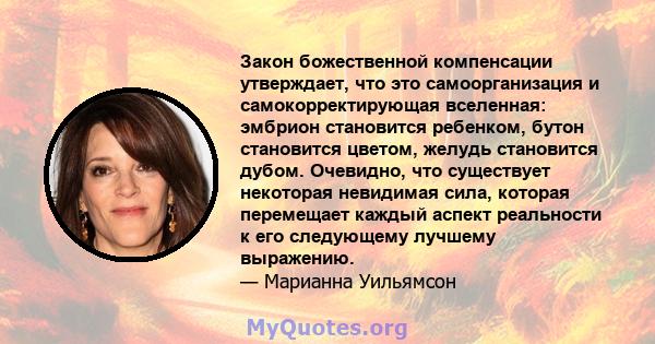 Закон божественной компенсации утверждает, что это самоорганизация и самокорректирующая вселенная: эмбрион становится ребенком, бутон становится цветом, желудь становится дубом. Очевидно, что существует некоторая