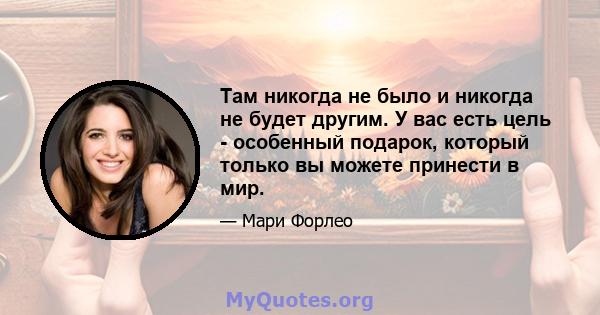 Там никогда не было и никогда не будет другим. У вас есть цель - особенный подарок, который только вы можете принести в мир.