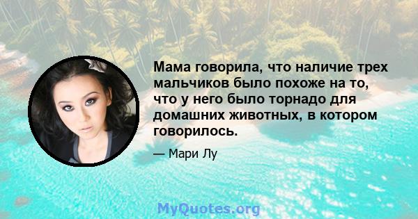 Мама говорила, что наличие трех мальчиков было похоже на то, что у него было торнадо для домашних животных, в котором говорилось.