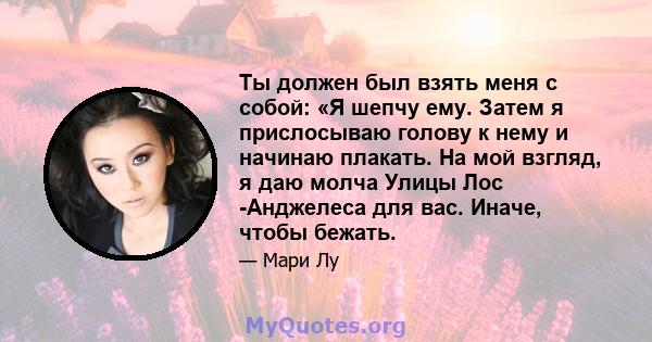 Ты должен был взять меня с собой: «Я шепчу ему. Затем я прислосываю голову к нему и начинаю плакать. На мой взгляд, я даю молча Улицы Лос -Анджелеса для вас. Иначе, чтобы бежать.