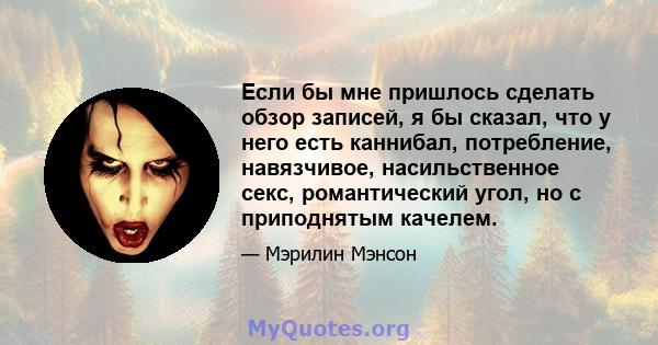 Если бы мне пришлось сделать обзор записей, я бы сказал, что у него есть каннибал, потребление, навязчивое, насильственное секс, романтический угол, но с приподнятым качелем.