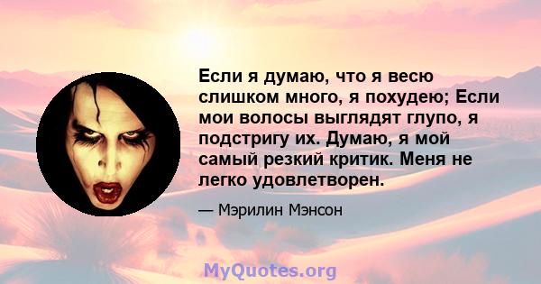 Если я думаю, что я весю слишком много, я похудею; Если мои волосы выглядят глупо, я подстригу их. Думаю, я мой самый резкий критик. Меня не легко удовлетворен.