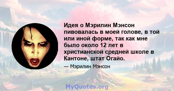 Идея о Мэрилин Мэнсон пивовалась в моей голове, в той или иной форме, так как мне было около 12 лет в христианской средней школе в Кантоне, штат Огайо.