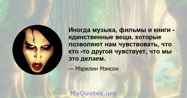 Иногда музыка, фильмы и книги - единственные вещи, которые позволяют нам чувствовать, что кто -то другой чувствует, что мы это делаем.