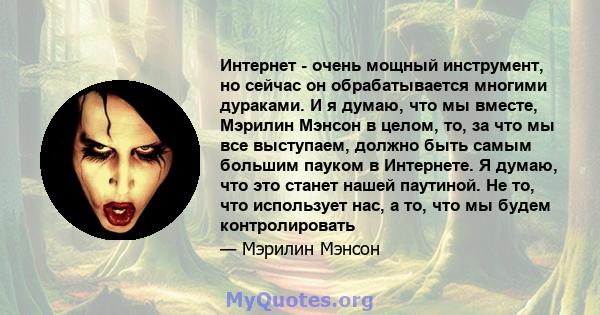 Интернет - очень мощный инструмент, но сейчас он обрабатывается многими дураками. И я думаю, что мы вместе, Мэрилин Мэнсон в целом, то, за что мы все выступаем, должно быть самым большим пауком в Интернете. Я думаю, что 