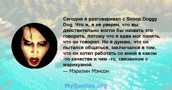 Сегодня я разговаривал с Snoop Doggy Dog. Что ж, я не уверен, что вы действительно могли бы назвать это говорить, потому что я едва мог понять, что он говорил. Но я думаю, что он пытался общаться, заключался в том, что