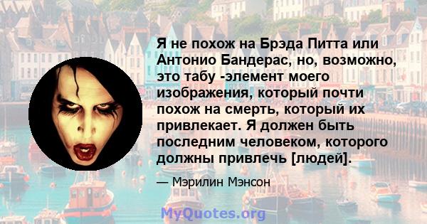 Я не похож на Брэда Питта или Антонио Бандерас, но, возможно, это табу -элемент моего изображения, который почти похож на смерть, который их привлекает. Я должен быть последним человеком, которого должны привлечь