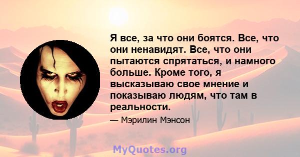 Я все, за что они боятся. Все, что они ненавидят. Все, что они пытаются спрятаться, и намного больше. Кроме того, я высказываю свое мнение и показываю людям, что там в реальности.