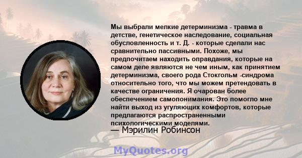 Мы выбрали мелкие детерминизма - травма в детстве, генетическое наследование, социальная обусловленность и т. Д. - которые сделали нас сравнительно пассивными. Похоже, мы предпочитаем находить оправдания, которые на