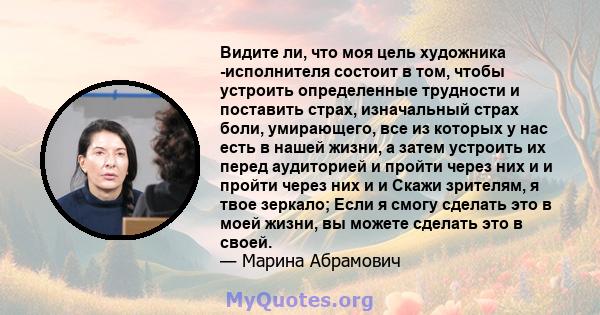 Видите ли, что моя цель художника -исполнителя состоит в том, чтобы устроить определенные трудности и поставить страх, изначальный страх боли, умирающего, все из которых у нас есть в нашей жизни, а затем устроить их