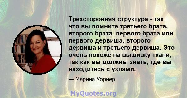 Трехсторонняя структура - так что вы помните третьего брата, второго брата, первого брата или первого дервиша, второго дервиша и третьего дервиша. Это очень похоже на вышивку ткани, так как вы должны знать, где вы