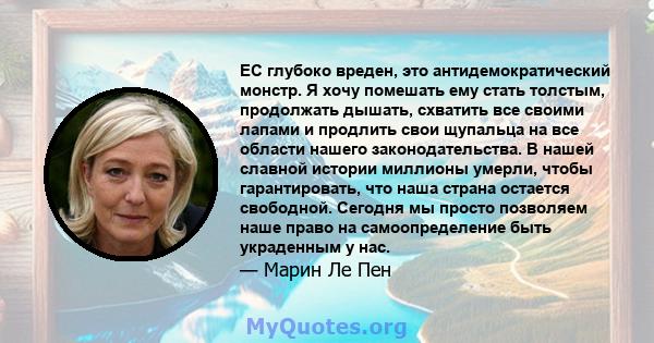 ЕС глубоко вреден, это антидемократический монстр. Я хочу помешать ему стать толстым, продолжать дышать, схватить все своими лапами и продлить свои щупальца на все области нашего законодательства. В нашей славной