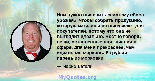 Нам нужно выяснить «систему сбора урожая», чтобы собрать продукцию, которую магазины не выпускают для покупателей, потому что она не выглядит идеально. Честно говоря, вещи, оставленные для гниения в сфере, для меня