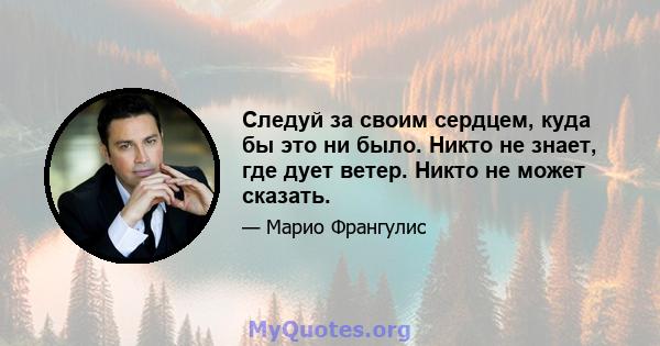 Следуй за своим сердцем, куда бы это ни было. Никто не знает, где дует ветер. Никто не может сказать.