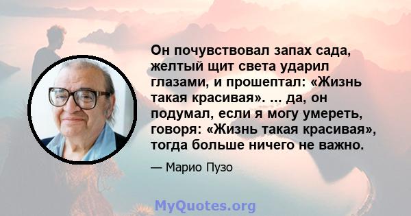 Он почувствовал запах сада, желтый щит света ударил глазами, и прошептал: «Жизнь такая красивая». ... да, он подумал, если я могу умереть, говоря: «Жизнь такая красивая», тогда больше ничего не важно.