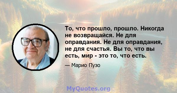 То, что прошло, прошло. Никогда не возвращайся. Не для оправдания. Не для оправдания, не для счастья. Вы то, что вы есть, мир - это то, что есть.