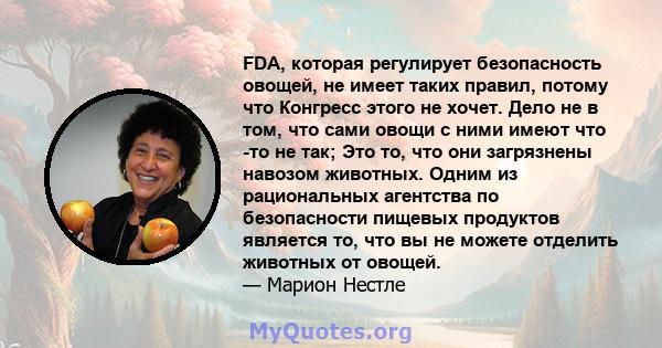 FDA, которая регулирует безопасность овощей, не имеет таких правил, потому что Конгресс этого не хочет. Дело не в том, что сами овощи с ними имеют что -то не так; Это то, что они загрязнены навозом животных. Одним из