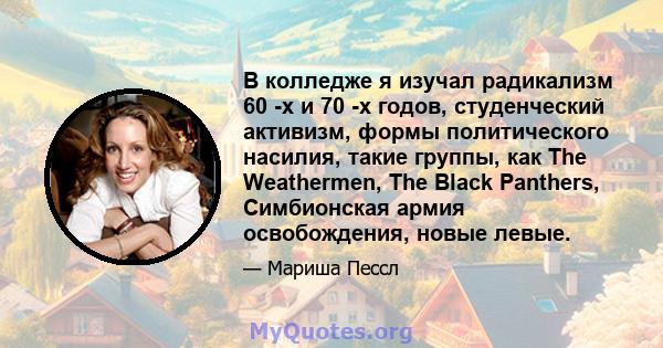 В колледже я изучал радикализм 60 -х и 70 -х годов, студенческий активизм, формы политического насилия, такие группы, как The Weathermen, The Black Panthers, Симбионская армия освобождения, новые левые.