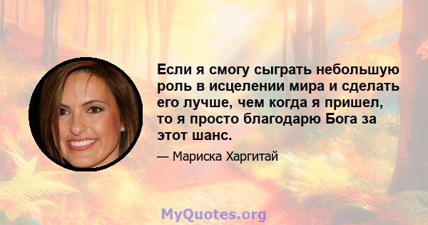 Если я смогу сыграть небольшую роль в исцелении мира и сделать его лучше, чем когда я пришел, то я просто благодарю Бога за этот шанс.