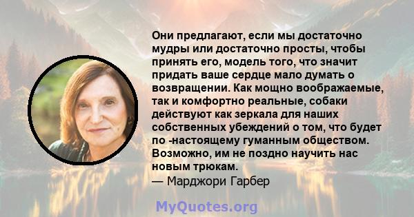 Они предлагают, если мы достаточно мудры или достаточно просты, чтобы принять его, модель того, что значит придать ваше сердце мало думать о возвращении. Как мощно воображаемые, так и комфортно реальные, собаки