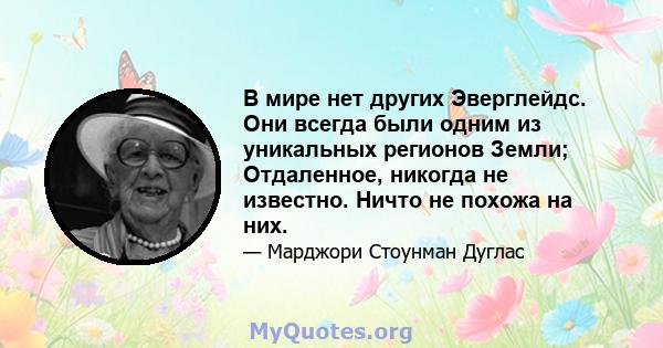 В мире нет других Эверглейдс. Они всегда были одним из уникальных регионов Земли; Отдаленное, никогда не известно. Ничто не похожа на них.