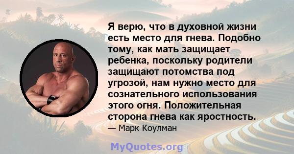 Я верю, что в духовной жизни есть место для гнева. Подобно тому, как мать защищает ребенка, поскольку родители защищают потомства под угрозой, нам нужно место для сознательного использования этого огня. Положительная