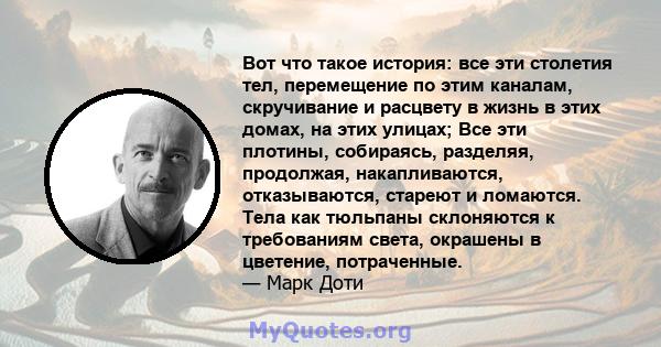 Вот что такое история: все эти столетия тел, перемещение по этим каналам, скручивание и расцвету в жизнь в этих домах, на этих улицах; Все эти плотины, собираясь, разделяя, продолжая, накапливаются, отказываются,