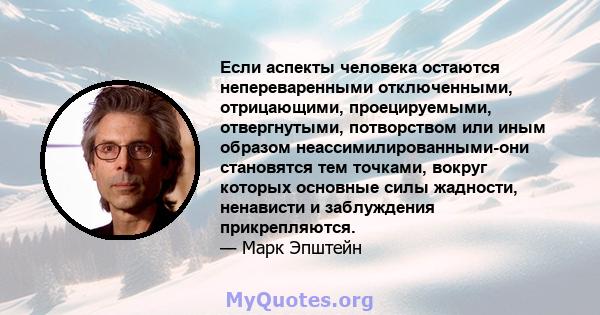 Если аспекты человека остаются непереваренными отключенными, отрицающими, проецируемыми, отвергнутыми, потворством или иным образом неассимилированными-они становятся тем точками, вокруг которых основные силы жадности,