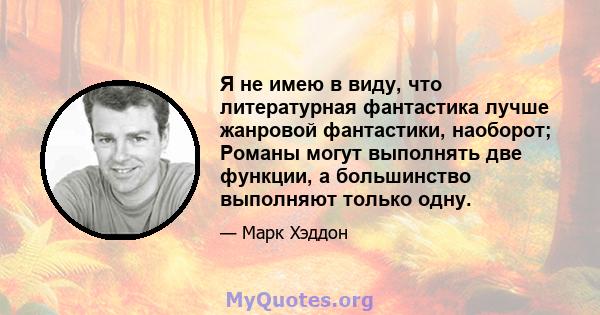 Я не имею в виду, что литературная фантастика лучше жанровой фантастики, наоборот; Романы могут выполнять две функции, а большинство выполняют только одну.