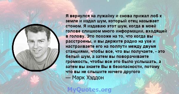 Я вернулся на лужайку и снова прижал лоб к земле и издал шум, который отец называет стоном. Я издаваю этот шум, когда в моей голове слишком много информации, входящей в голову. Это похоже на то, что когда вы расстроены, 