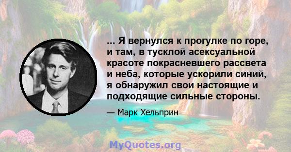 ... Я вернулся к прогулке по горе, и там, в тусклой асексуальной красоте покрасневшего рассвета и неба, которые ускорили синий, я обнаружил свои настоящие и подходящие сильные стороны.