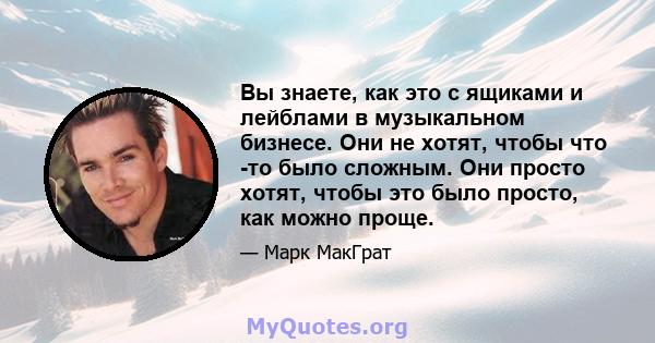 Вы знаете, как это с ящиками и лейблами в музыкальном бизнесе. Они не хотят, чтобы что -то было сложным. Они просто хотят, чтобы это было просто, как можно проще.