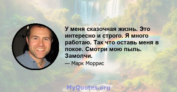 У меня сказочная жизнь. Это интересно и строго. Я много работаю. Так что оставь меня в покое. Смотри мою пыль. Замолчи.