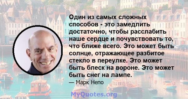 Один из самых сложных способов - это замедлить достаточно, чтобы расслабить наше сердце и почувствовать то, что ближе всего. Это может быть солнце, отражающее разбитое стекло в переулке. Это может быть блеск на вороне.