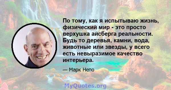 По тому, как я испытываю жизнь, физический мир - это просто верхушка айсберга реальности. Будь то деревья, камни, вода, животные или звезды, у всего есть невыразимое качество интерьера.