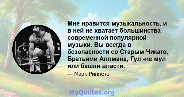 Мне нравится музыкальность, и в ней не хватает большинства современной популярной музыки. Вы всегда в безопасности со Старым Чикаго, Братьями Аллмана, Гул -не мул или башни власти.